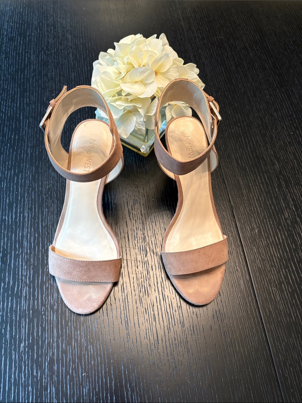 Nine West Taupe Suede Ankle-Strap Block Heels